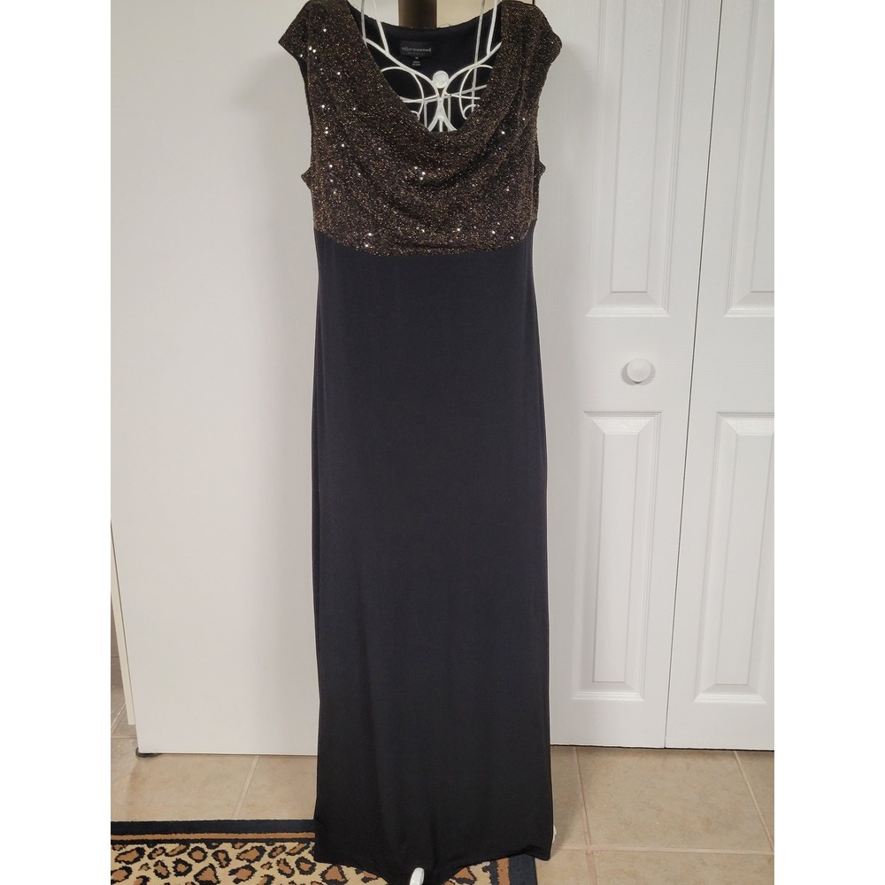 Connected Apparel Womens Black Bronze Sequin Cowl Neck Chic Maxi Dress Size 14